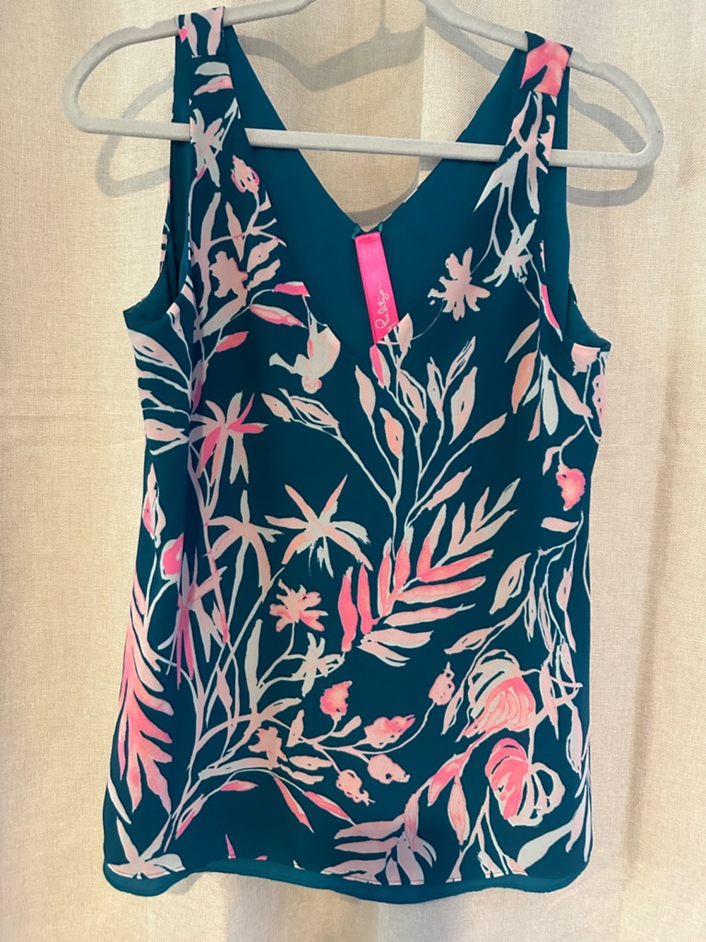 Lilly Pulitzer Teal Floral V-Neck Sleeveless Camisole reversible to solid teal.